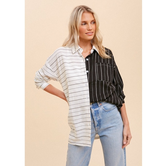Hem & Thread Black and White Striped Button Down Shirt - Picture 1 of 4